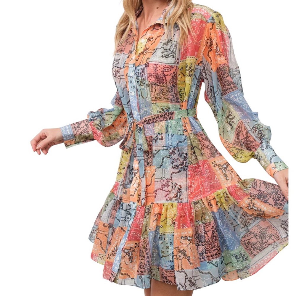 NEW blue b Multicolor Orange Patchwork Print Pais… - image 3